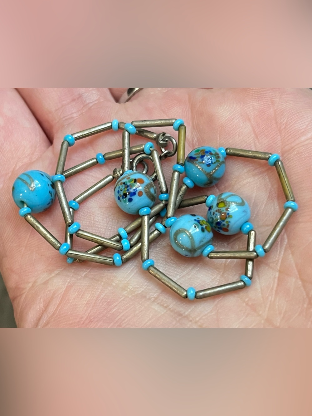 Vintage Venetian Murano Glass Bead Necklace - Sky Blue Fiorato Wedding Cake
